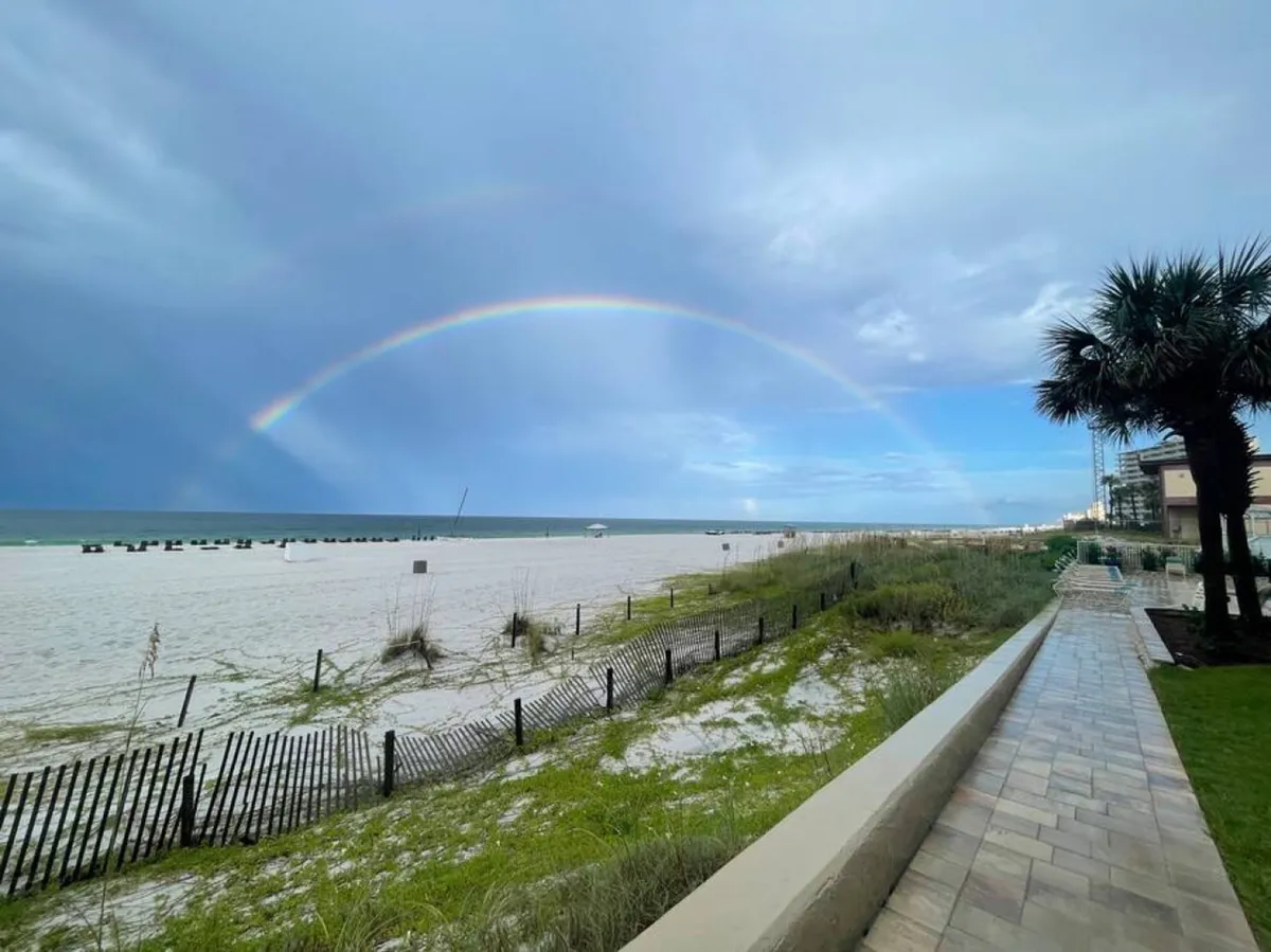 A captivating perspective with a rainbow arching over the ocean, palm trees, and a sandy pathway leading to the beach. The scene evokes a sense of discovery and unique moments awaiting just outside the condo.